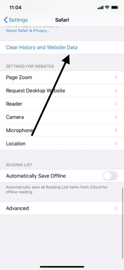 Historial claro y datos del sitio web para aplicaciones de iPhone
