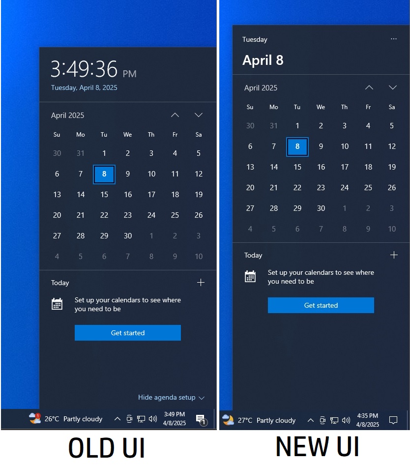 Nuevo calendario flyout sin segundos de reloj en Windows 10