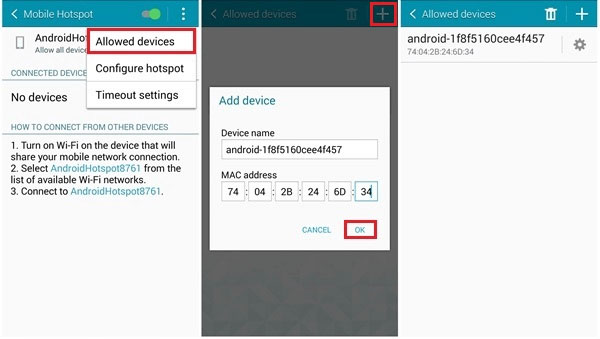 Agregar dispositivos permitidos en el punto de acceso móvil