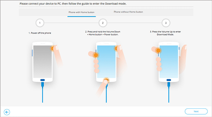 Ingrese el modo de descarga para el teléfono con un botón de inicio