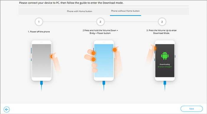 Ingrese el modo de descarga para el teléfono sin botón de inicio