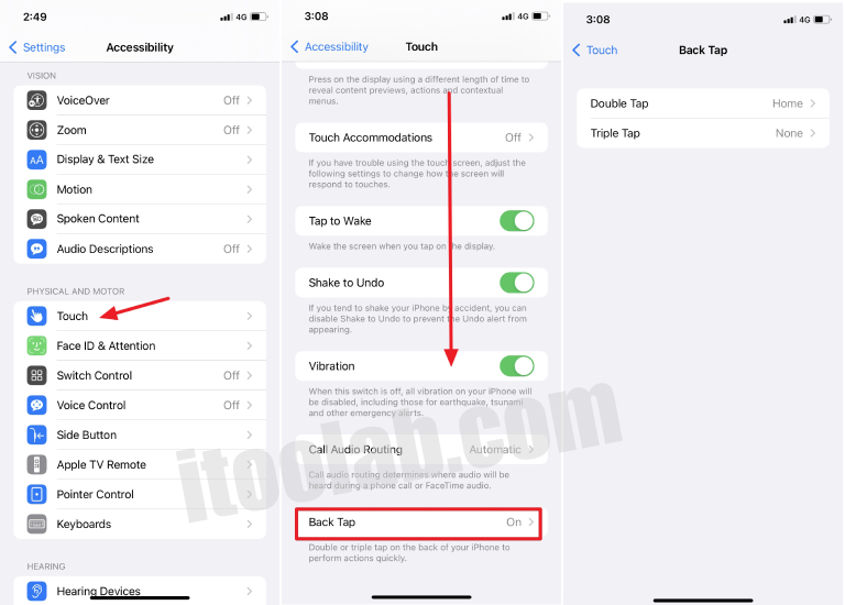 Back Tap Settinngs en iPhone