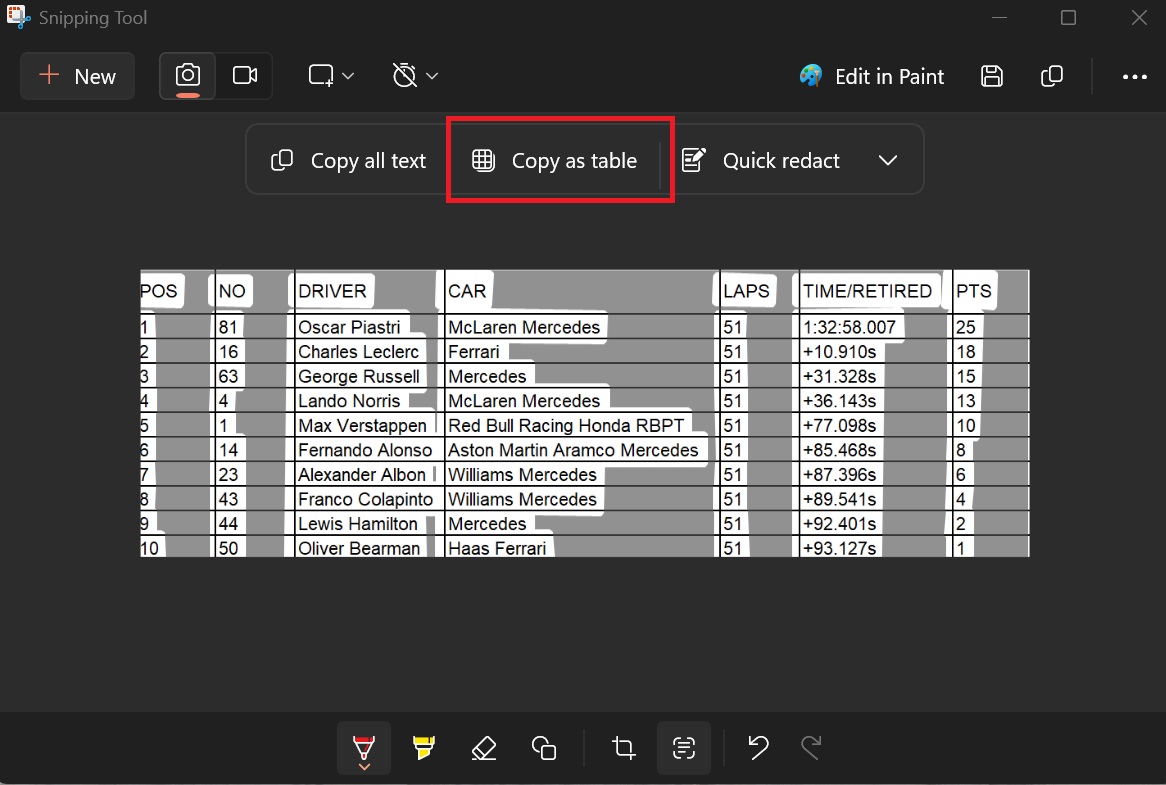 Copiar como característica de tabla en acción en la herramienta de recorte Windows 11 24h2