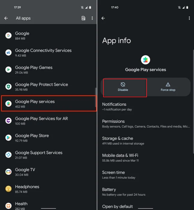 Deshabilitar los servicios de Google Play