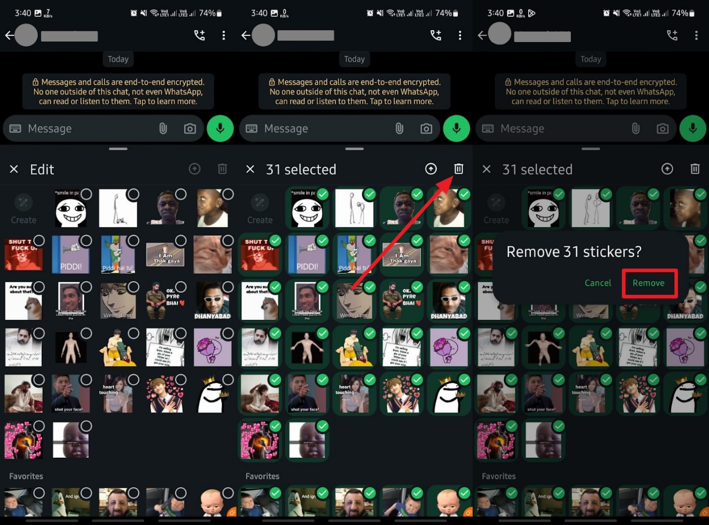 Toque el icono de eliminación y retire las pegatinas
