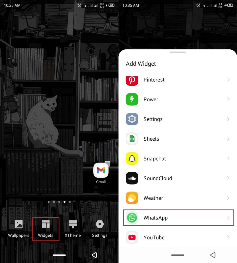 Seleccione Widgets y elija WhatsApp