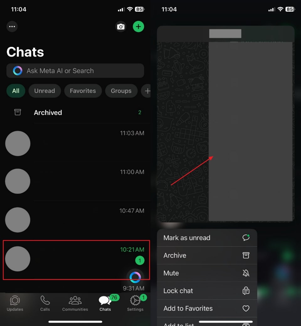 Toque y mantenga presionado el chat en iOS