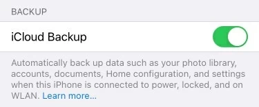 Mueva el interruptor de copia de seguridad de iCloud a la derecha