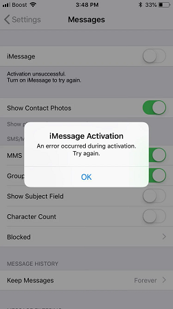 Error de activación de iMessage.