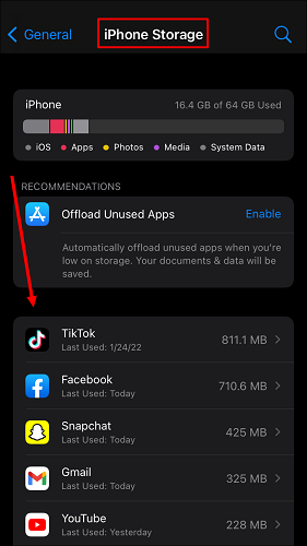 Verifique qué aplicaciones han ocupado más espacio en su iPhone.
