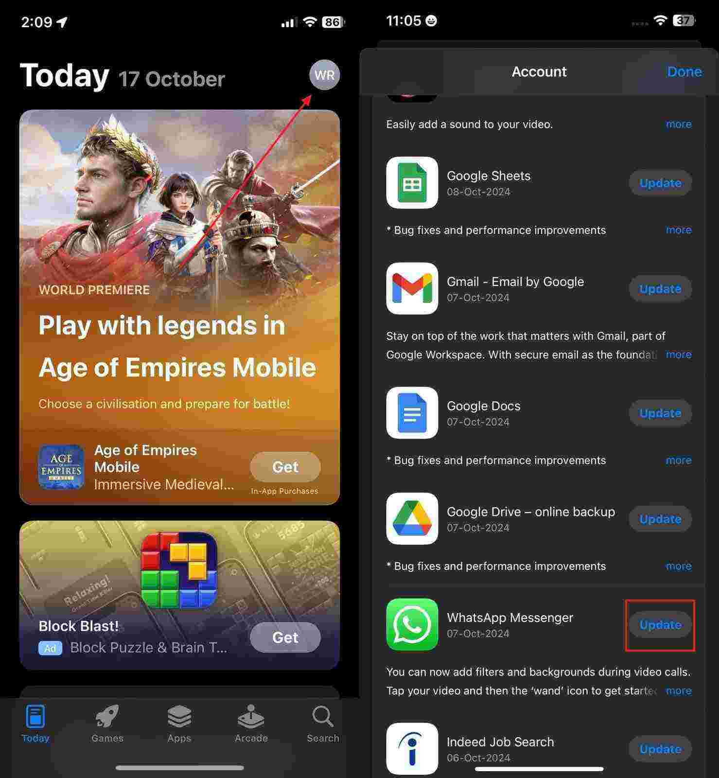 Toque Actualizar WhatsApp en App Store