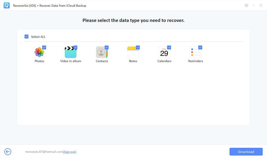 Guía de Recovergo iOS: seleccione Tipo de datos para recuperarse de la copia de seguridad de iCloud