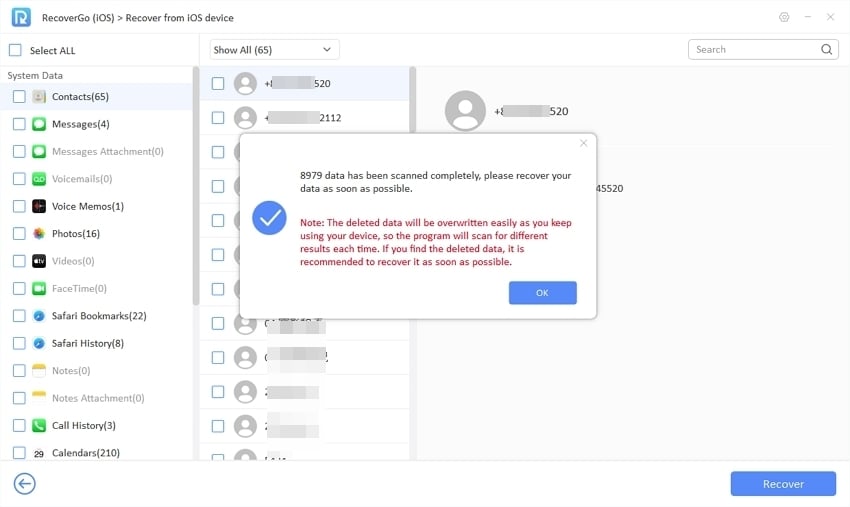 Guía de Recovergo iOS: los datos de escaneo están terminados