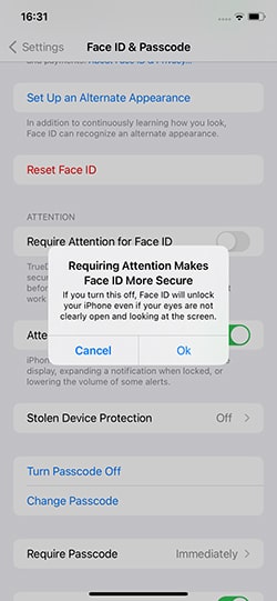 deshabilitar requiere atención para arreglar iOS 16 ID facial no funciona