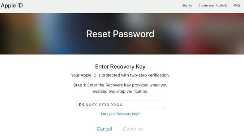 Restablecer la ID de Apple con la clave de recuperación en iforgot Apple com