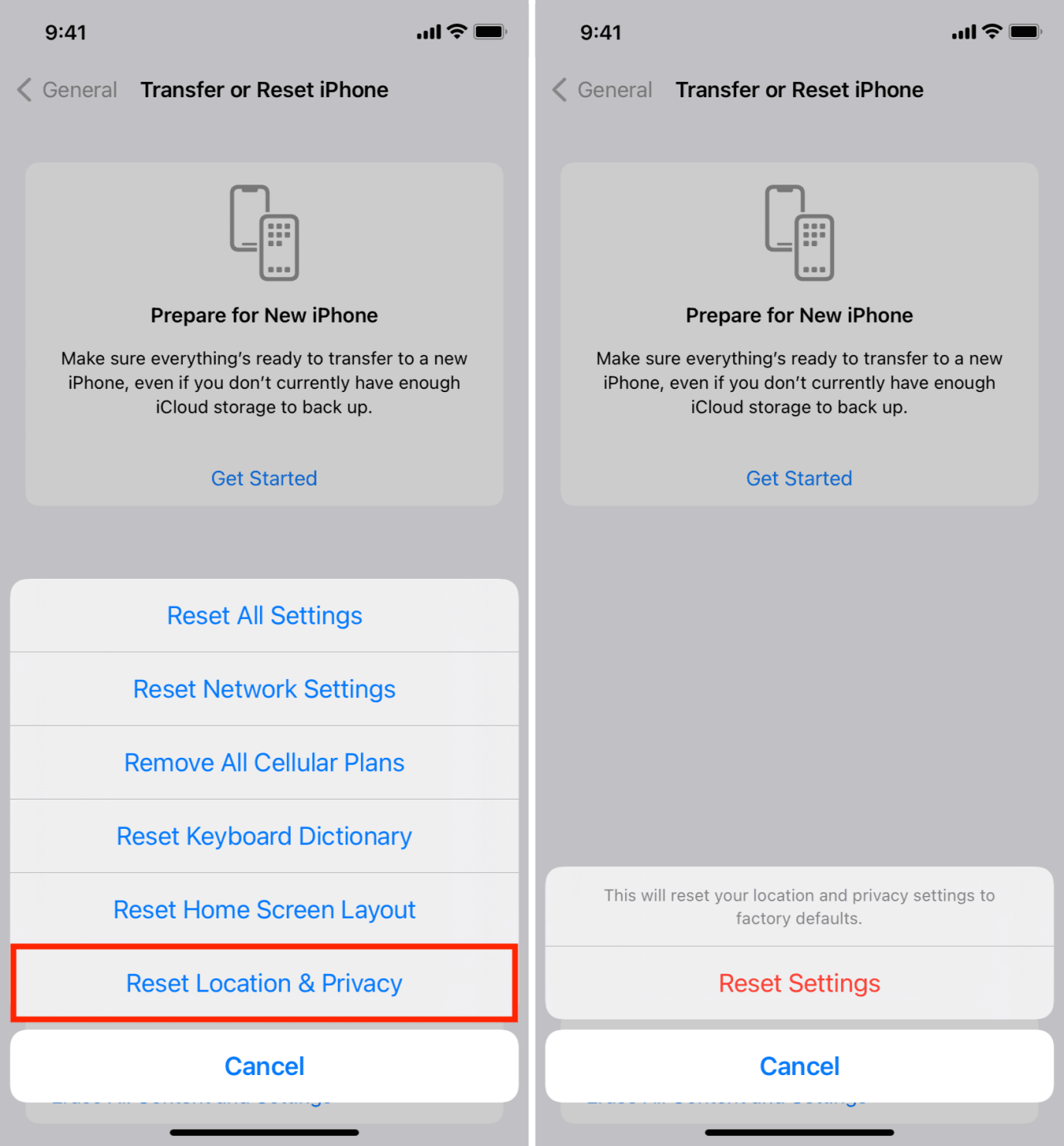 Restablecer la ubicación del iPhone y la privacidad para arreglar las fotos de iPhone que no aparecen en Mac