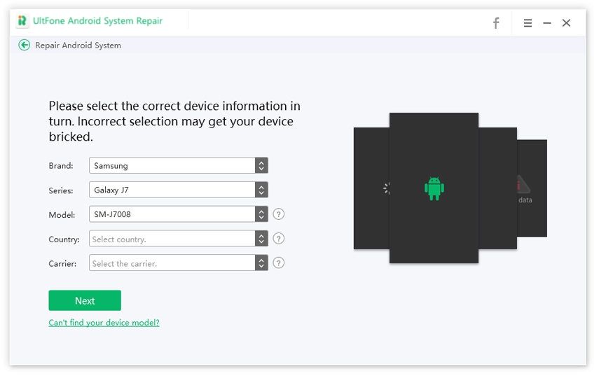 Elija la información correcta del dispositivo para la reparación de Android