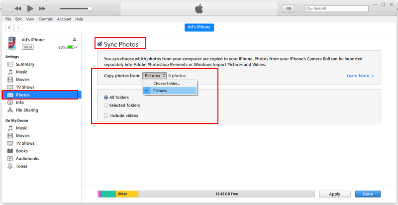Transfiera fotos de computadora a iPhone a través de iTunes