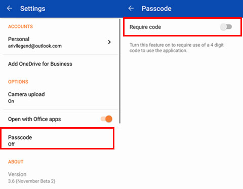 encender la función de código de contraseña en OneDrive