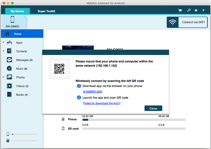 Elija Connect a través de WiFi para obtener un código QR