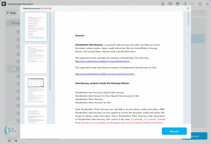 Vista previa a los archivos de palabras con recuperación