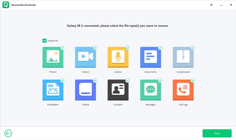 Recovergo Android Seleccionar tipos de archivos